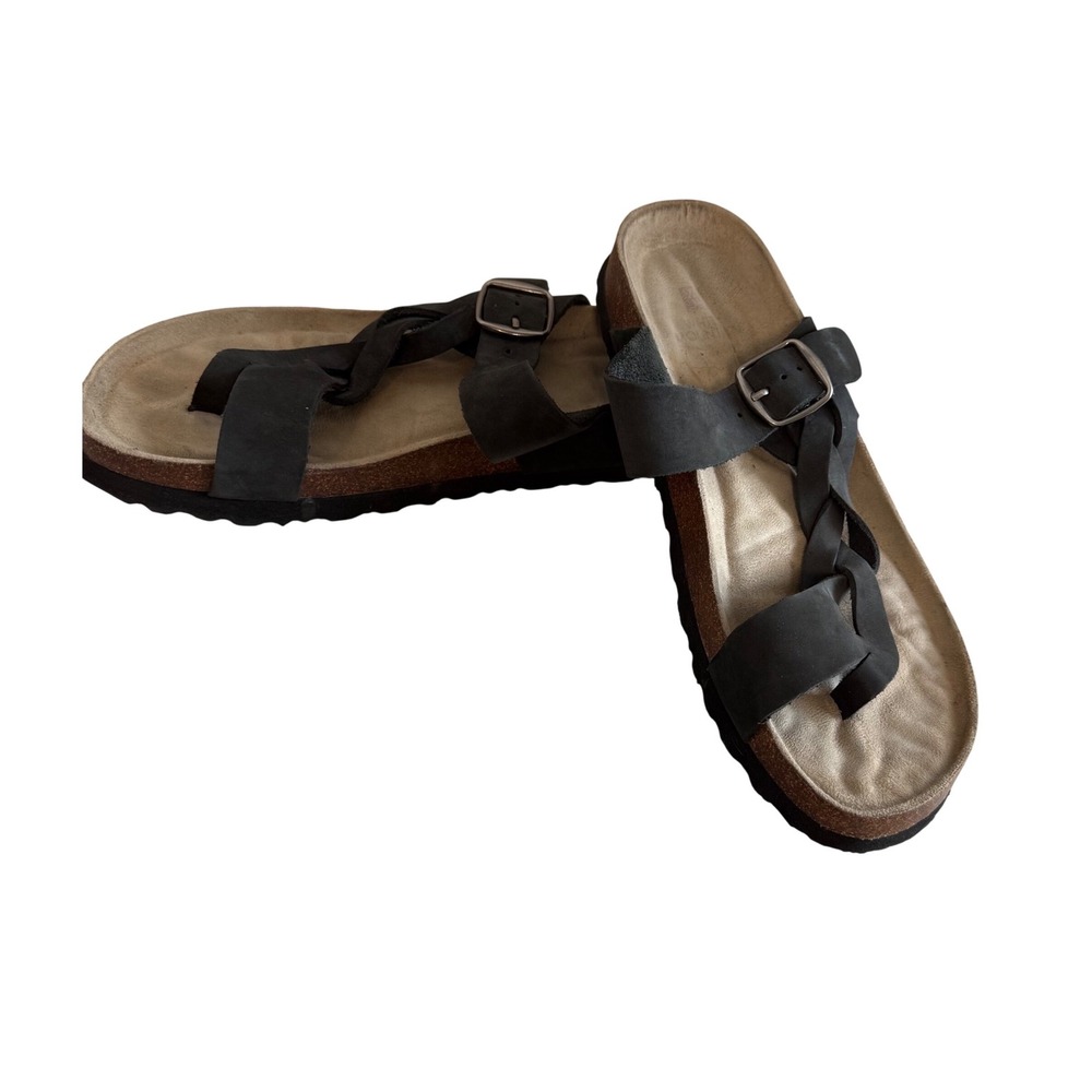 White Mountain Crawford Black Leather Braided Toe Loop Sandals Womens 8M Comfort